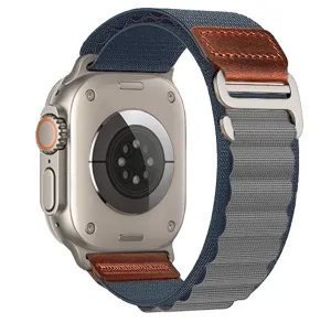 Detailed view of the alpine nylon loop watch strap with leather accent for smart watch.