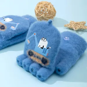 Kinder niedliche Bagger Strick Halbfinger Flip Handschuhe Winter warme Wolle Fäustlinge