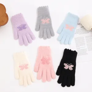 Women Winter Warm Knitted Gloves Cute Butterfly Jacquard Thickened Fleece Lined Cold Weather Mittens Daily Wear