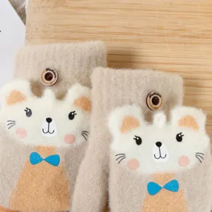 Cute children knitted flip gloves with bear design, warm half-finger winter gloves for kids.