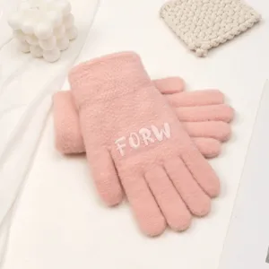 Pink winter knit gloves for women, warm full-finger design with stylish embroidered letter details.