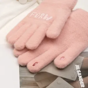 Women winter pink knit touchscreen gloves with open finger design for warm writing outdoor wear.