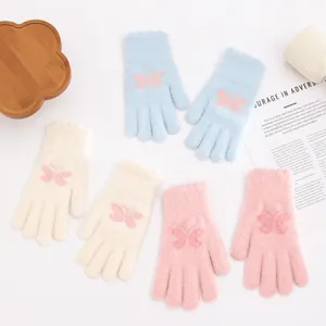 Thickened winter warm knit gloves for women with cute butterfly jacquard design in multi colors.