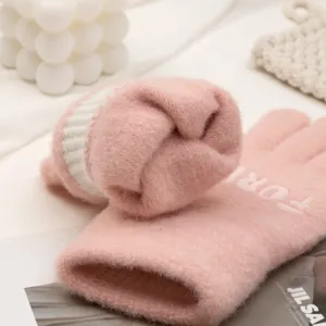 Women winter pink knit full finger gloves warm touch screen knitted thermal gloves cozy.