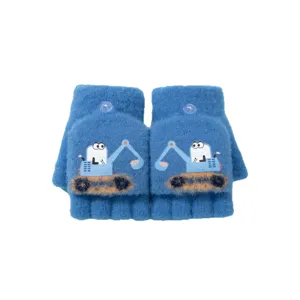 Kinder Winter Strick Halbfinger Klapphandschuhe mit niedlichem Bagger Muster, blaue Fäustlinge.