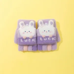 Children's cute rabbit flip-top half-finger knit gloves detail view showing cute design.
