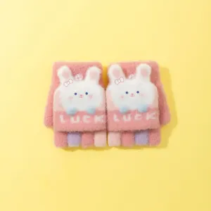 Kids Warm Knitted Half-Finger Gloves Cute Cartoon Rabbit Flip-Top Design Winter Gloves Children Boys Girls