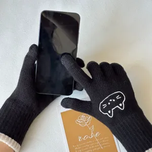 Women winter warm touchscreen knit gloves with cute cat embroidery for daily cycling use.