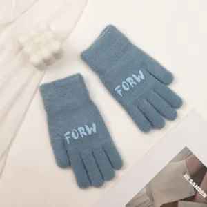 Winter warm knitted full finger gloves for women, comfortable blue solid color daily wear.