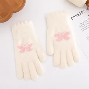 Women winter warm knit gloves cute pink butterfly jacquard thick fleece lined mittens soft