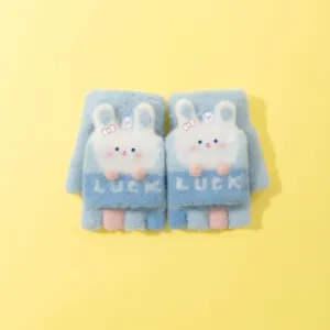 Detailed close-up of kids fuzzy half finger flip gloves featuring cute rabbit design and lucky text.