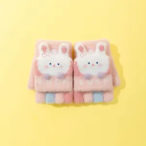 Kids cute cartoon bunny knit convertible fingerless gloves warm winter pink mittens for kids