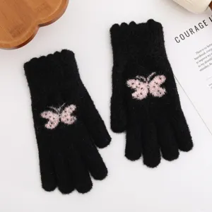 Women winter warm knit gloves black cute pink butterfly jacquard thick thermal mittens details