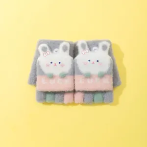Children cute rabbit knit half finger gloves warm winter convertible mittens product details.