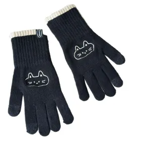 Women winter warm knit touchscreen gloves featuring cute cat embroidery and black knit design