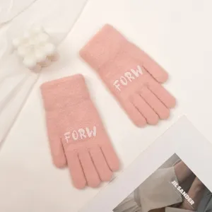 Pink knit gloves for women winter warm full finger touch screen stylish cute soft mittens
