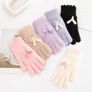 Winter warm knitted gloves with cute fluffy bow, touchscreen thick fuzzy gloves for women.