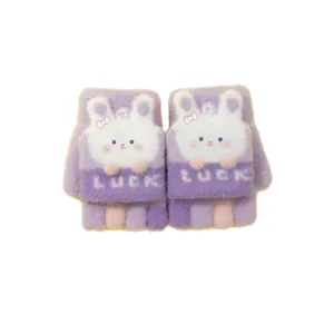 Kids cute rabbit flip-top warm half-finger gloves winter knit purple gloves for boys and girls