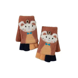 Kids winter half finger flip gloves, cute cartoon bear knit warm gloves for boys and girls.