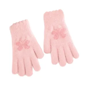 Cute pink butterfly knitted gloves for women, warm winter fleece-lined gloves for cold weather.
