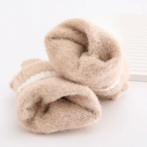 Khaki knit plush thermal gloves detail view, cozy winter warm touch screen mittens.