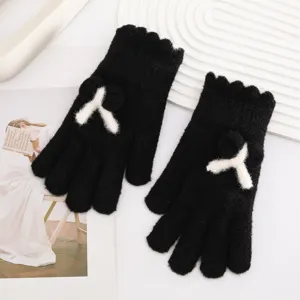Black knit gloves with white fuzzy bone detail winter warm touchscreen thermal mittens