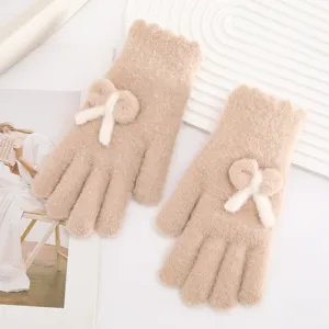 Warm knitted gloves with cute white bows, soft plush design for winter daily outdoor commuting.