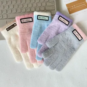 Damen flauschige Strick Fünffinger Handschuhe Detail Ansicht Winter warme weiche Fäustlinge Set