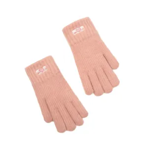 Rosa Strick Fünffingerhandschuhe für Damen mit süßem Herzstickerei für den Winter.