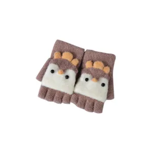 Kids winter warm knit gloves cute cartoon chicken half finger cozy fleece lined mittens