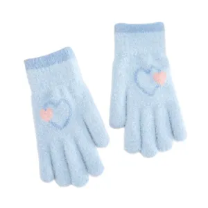 Cozy winter warm knit gloves, fuzzy plush thermal mittens with pink heart pattern for cold weather.
