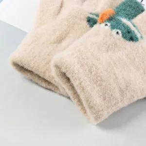 Children's cute dinosaur knit plush warm gloves, soft winter full-finger gloves for kids.