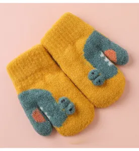 Cute crocodile design kids winter fleece gloves detail shot, warm knit toddler mittens.