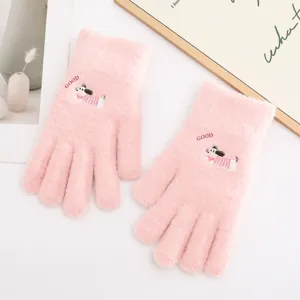 Guanti in Maglia Caldi Invernali da Donna Simpatico Ricamo Cucciolo di Cartone Animato Guanti Touch Screen Commuter Casuale Mitte Termiche