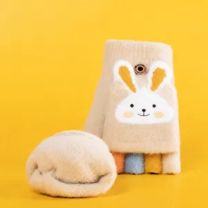 Gants tricotés rabattables mi-doigts chauds d'hiver pour enfants design lapin mignon
