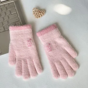 Women winter thick warm knitted gloves cute rabbit embroidery fleece lined pink winter gloves detail