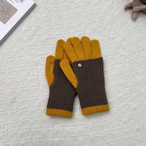 Damen Winter Strickhandschuhe konvertierbar, warme fingerlose Handschuhe gelb braun.