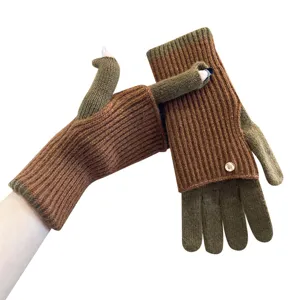 Damen Winter Strick wandelbare fingerlose Handschuhe braun gruen stilvolle warme Kleidung