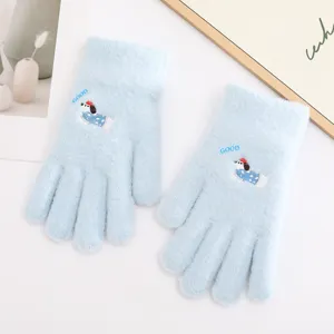Guanti in maglia azzurri donna inverno caldo simpatico ricamo cucciolo antivento touch