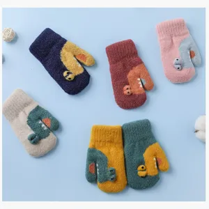 Cute cartoon crocodile kids winter warm knit gloves, fleece lined thick windproof mittens for 1-4y