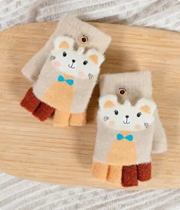 Children cute cartoon half finger flip knit warm cozy winter thick kids mittens