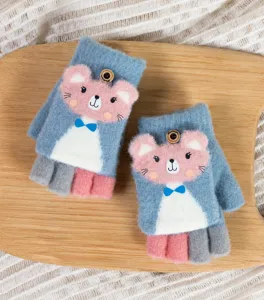 Kids winter knit half finger flip cover gloves with cute cartoon bear design warmth.