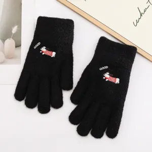 Guanti in maglia nera da donna, caldi guanti invernali in lana con ricamo di cagnolino.