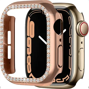 Rhinestone metal case compatible with Apple Watch, sparkling crystal bumper protector, rose gold.