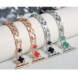 Rhinestone metal apple watch strap clover charm stainless steel replacement watch band luxury