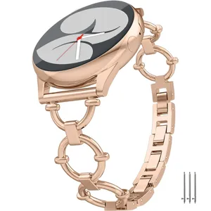 Rose gold metal watch band detail showing exquisite link and ring design for smartwatches.