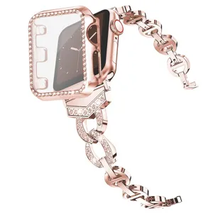 Rose gold rhinestone Apple Watch case and chain strap, sparkling luxury bling diamond jewelry design.