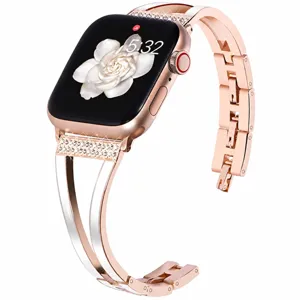 Rose gold rhinestone metal watch band for apple watch elegant stainless steel strap detail