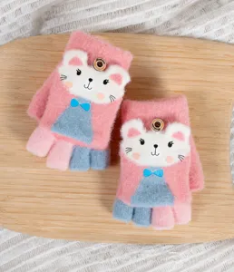 Cute cartoon bear kids half-finger gloves winter warm thick plush flip mittens pink