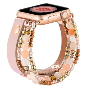 Bracelet de Montre en Veritable Cuir Perles d'Agate Chaine en Metal Sangle de Remplacement pour Smart Watch Bijoux Femme
